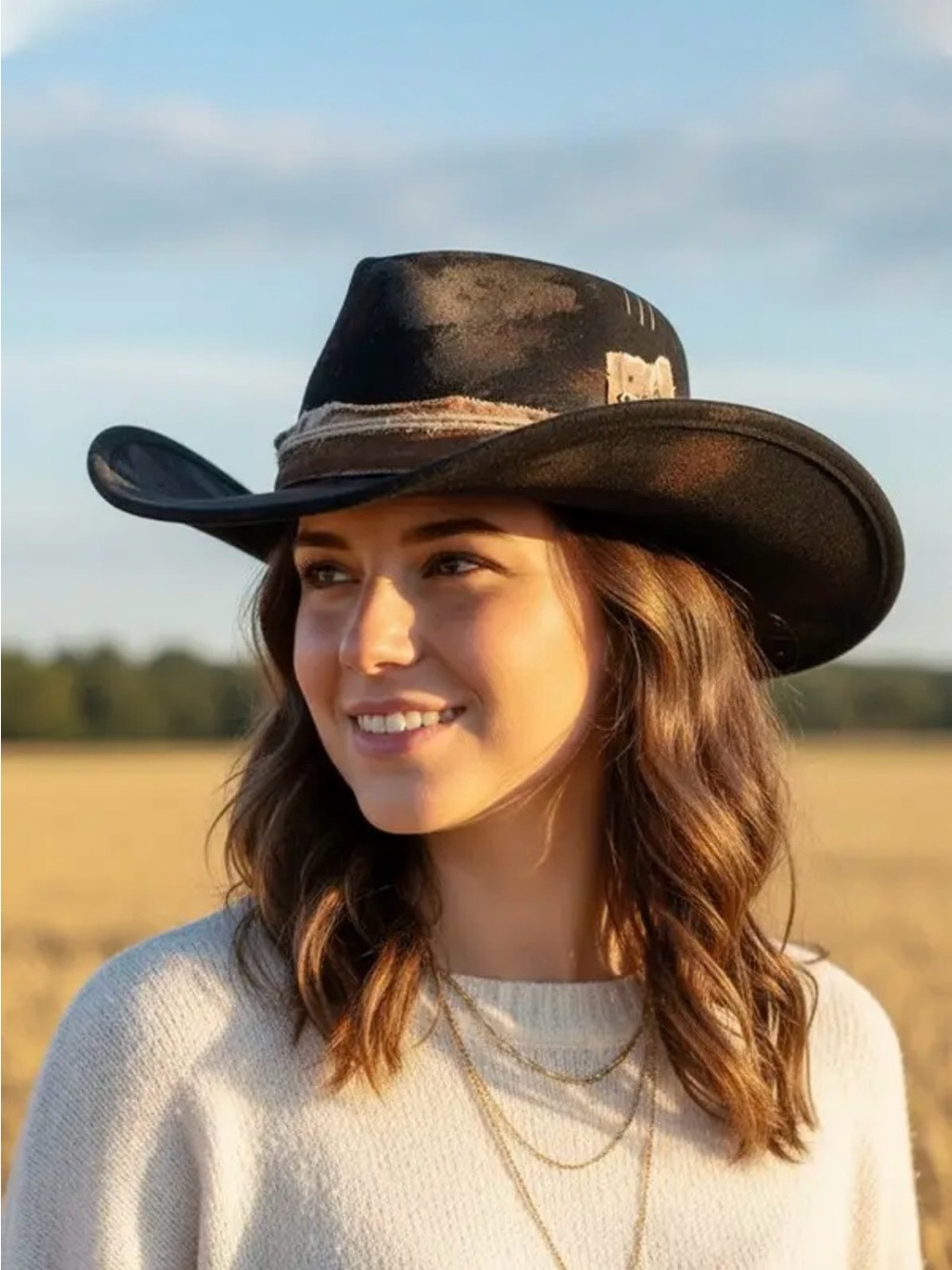 Distressed Women's Black Cowboy Hat with Natural Band